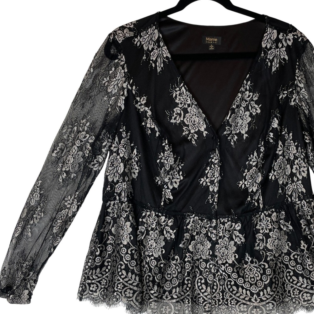 Maree‎ Pour Toi Lace Peplum Top Long Sleeve V Neck Black Floral Blouse Size 16